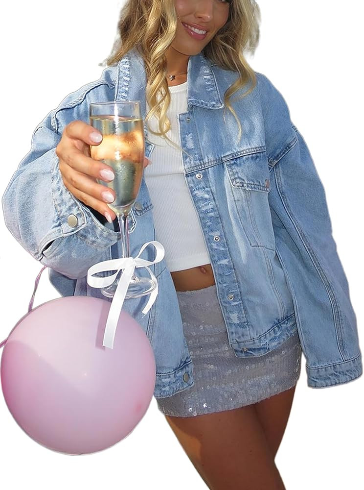 Women Distressed Light Wash Oversized Denim Jacket | Amazon (US)