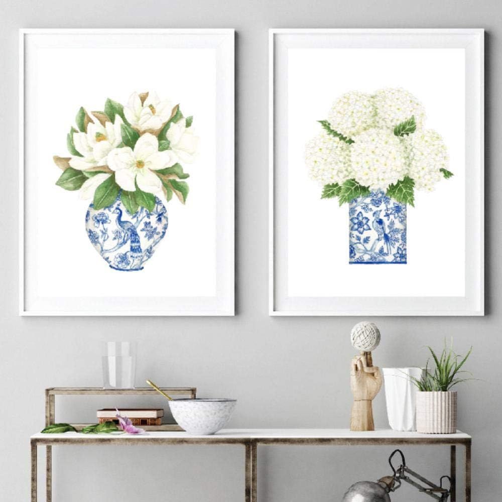 Blue and White China Magnolia Hydrangea Prints Chinoiserie Art Canvas Painting Gallery Wall Art P... | Amazon (US)