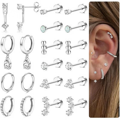 20G Flat Back Earrings Set: 14K Gold Plated Hypoallergenic Cartilage Studs for Multiple Piercing Silver One Size | Target