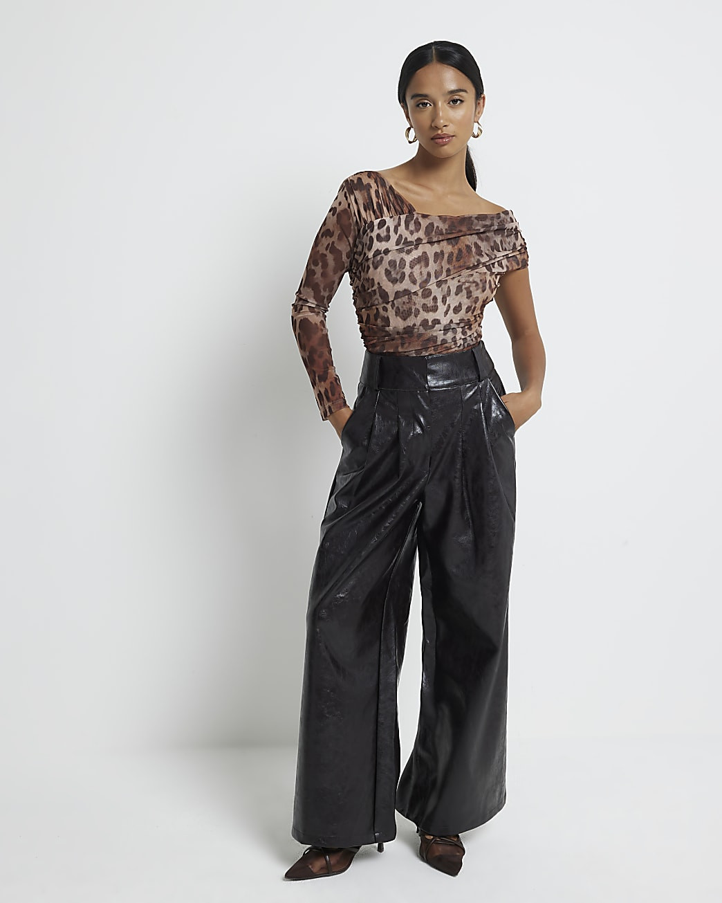 Petite brown mesh leopard asymmetric bodysuit | River Island UK & IE