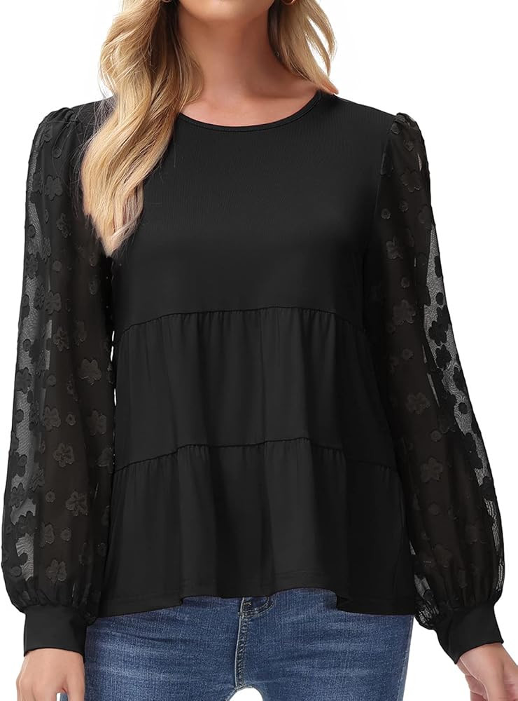 GRACE KARIN Women Mesh Sleeve Loose Babydoll T Shirt Flowy Blouse Tunic Tops | Amazon (US)