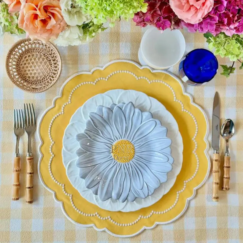 Velora Yellow Embroidered Cotton Placemat Scalloped Edge with White Trim, Waterproof Fabric Dinin... | Etsy (Global)