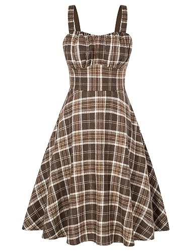 Belle Poque 1950s Vintage Sleeveless Sweetheart Neck Midi Dress Elegant Brown Plaid Print Flowy Swing Cocktail Dress XX-Large | Amazon (US)