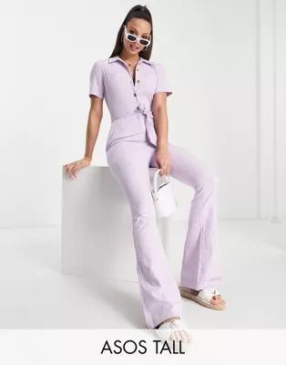 ASOS DESIGN Tall twill 70s kickflare boiler suit in lilac | ASOS (Global)