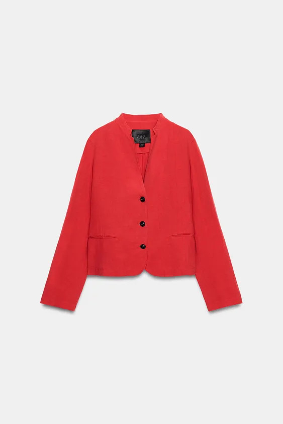 ZARA WOMAN COLLECTIONJacket made with 25% linen blend yarn. Round neckline with V-neck detail and... | Zara US