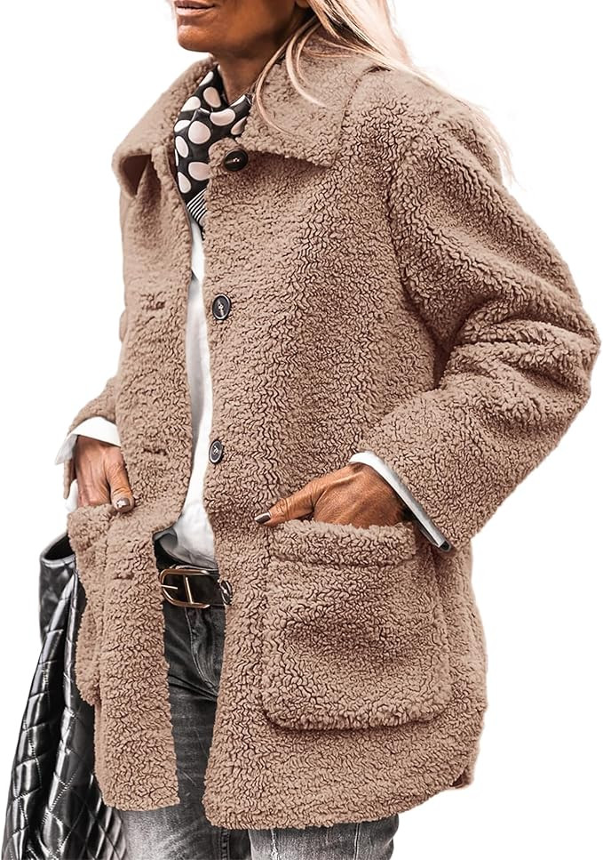 PRETTYGARDEN Women's Winter Faux Fur Coats Long Sleeve Lapel Button Down Pockets Fleece Sherpa Ja... | Amazon (US)