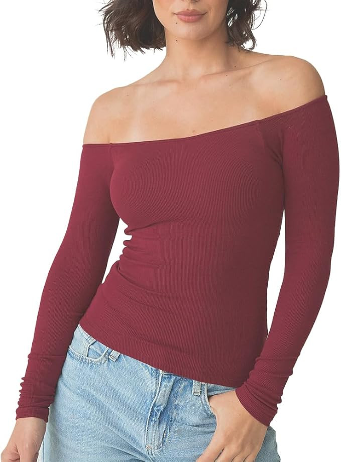 Klassy Network Off The Shoulder Brami - Long-Sleeve Top with Built-in Support and Ribbed Stretchy... | Amazon (US)