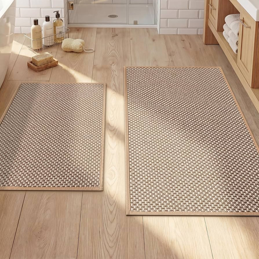 YIHOUSE Thin Bath Mat Khaki Bathroom Rugs Sets 2 Pieces, Non Slip Absorbent Mats Quick Dry, Woven... | Amazon (US)