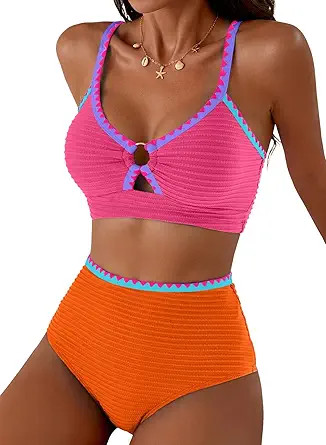 Herseas Women's Textured Bikini Sets O Ring Swimsuits Whip Stitch High Waisted Bathing Suits 2026... | Amazon (US)