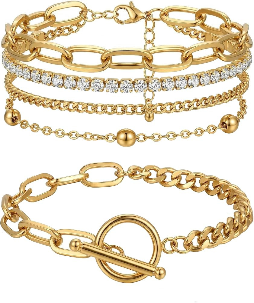 Gold-plated Bracelets for Women Dainty Boho Stackable Bracelet Set Chunky Layered Link Bangle for... | Amazon (US)