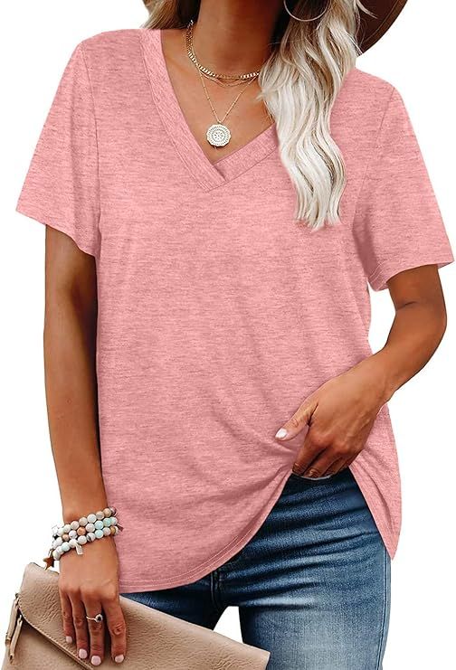 ASTANFY Women's Short Sleeve V-Neck Shirts Summer Loose Casual Tee T-Shirt | Amazon (US)
