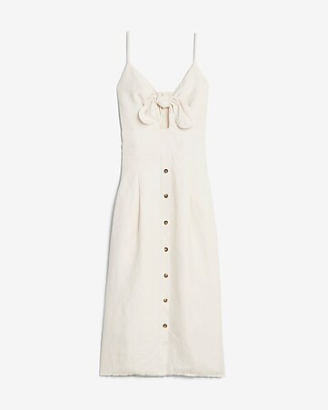 Linen-blend Button Front Tie Midi Dress | Express