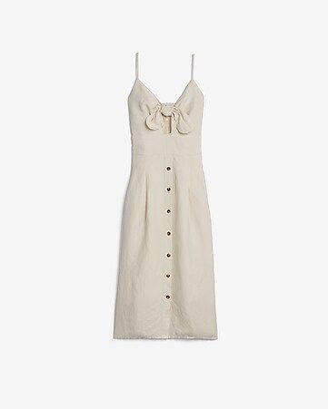 Linen-blend Button Front Tie Midi Dress | Express
