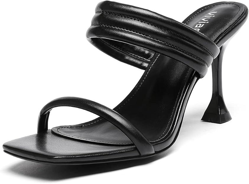 vivianly Women's Square Toe Double Band Stiletto Heels Slip On Heel Slide Sandals Backless Slippe... | Amazon (US)