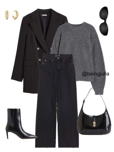Fall outfit inspiration - details below:
-H&M grey oversized knit sweater 
-H&M black double breasted oversized blazer
-H&M wide leg high waisted black jeans
-H&M black shoulder bag
-H&M pointed toe heeled black boots
-Celine Triomphe 52mm sunglasses in black acetate 
-Mejuri croissant dome hoop earrings in gold


#LTKSeasonal #LTKstyletip #LTKunder100