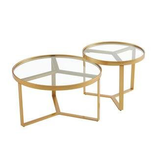 ATHMILE 31 .5 in. Gold Round Shape Tempered Glass Coffee Table with 2-Pieces | The Home Depot