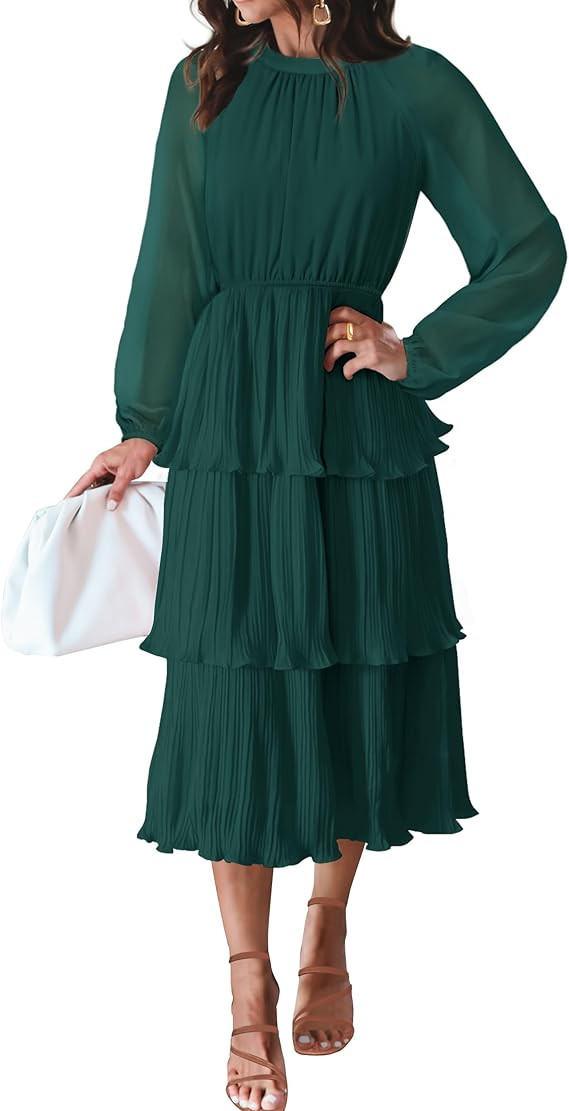 ZESICA Women's 2023 Long Sleeve Crew Neck Ruffle Tiered Layered Chiffon Flowy Swing Long Midi Dre... | Amazon (US)