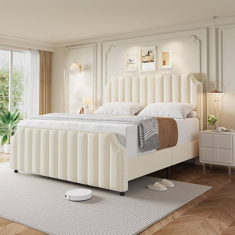 King Size Velvet Bed Frame, 50.2" Tall Headboard & Footboard, Upholstered Platform King Bed Frame... | Amazon (US)