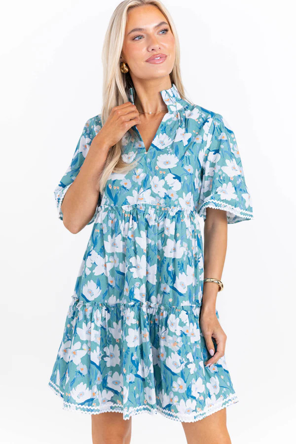 Feeling Your Best Blue Floral Rickrack Dress | The Mint Julep Boutique