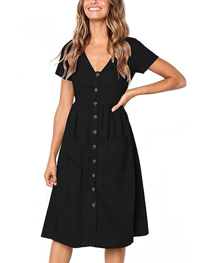 Women's Sundress Short Sleeve Summer V Neck Button Down Swing A Line Midi Dress with Pockets | Amazon (US)