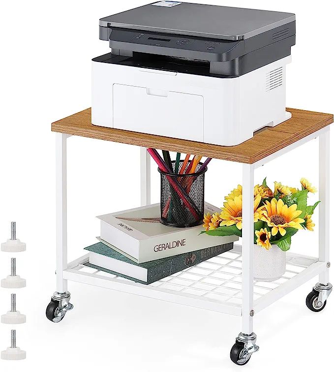 Printer Stand Rack Under Desk Printer Cart 2 Tier Printer Table with Wheels Wood Storage Rack Sma... | Amazon (US)