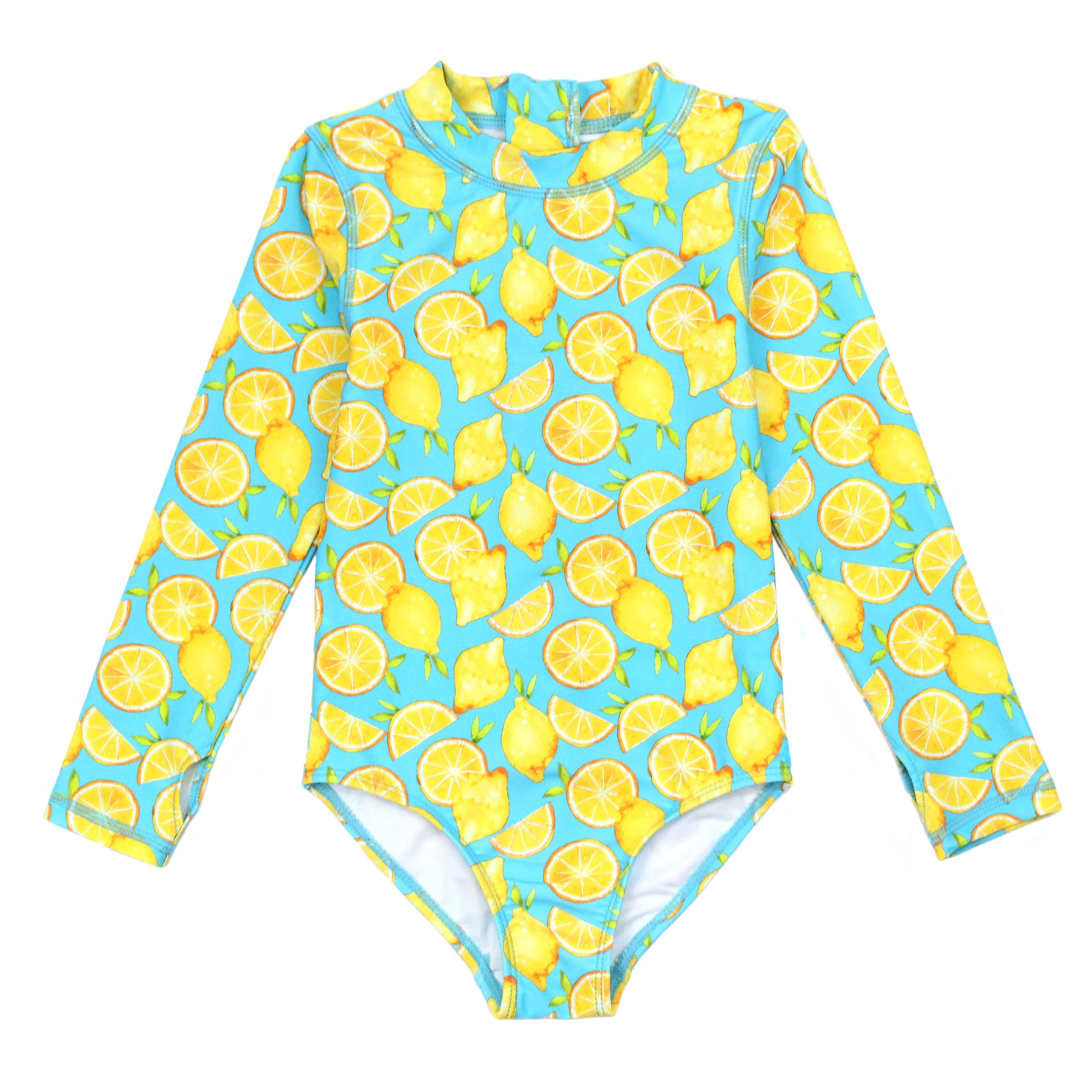 Girls Long Sleeve Surf Suit (One Piece Bodysuit) | "Lemons" | SwimZip