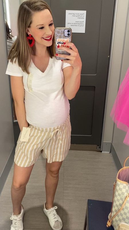 The cutest linen striped pull on shorts paired with a white tshirt and sneakers! Target outfit!! Summer and spring outfit ideas at Target!! 