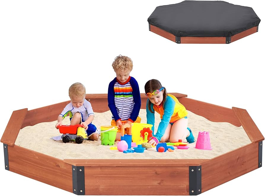 85''x78''x9'' Octagon Sandbox with Cover for Kids Outdoor Play, Wood Large Sandpit with 4 Benches... | Amazon (US)