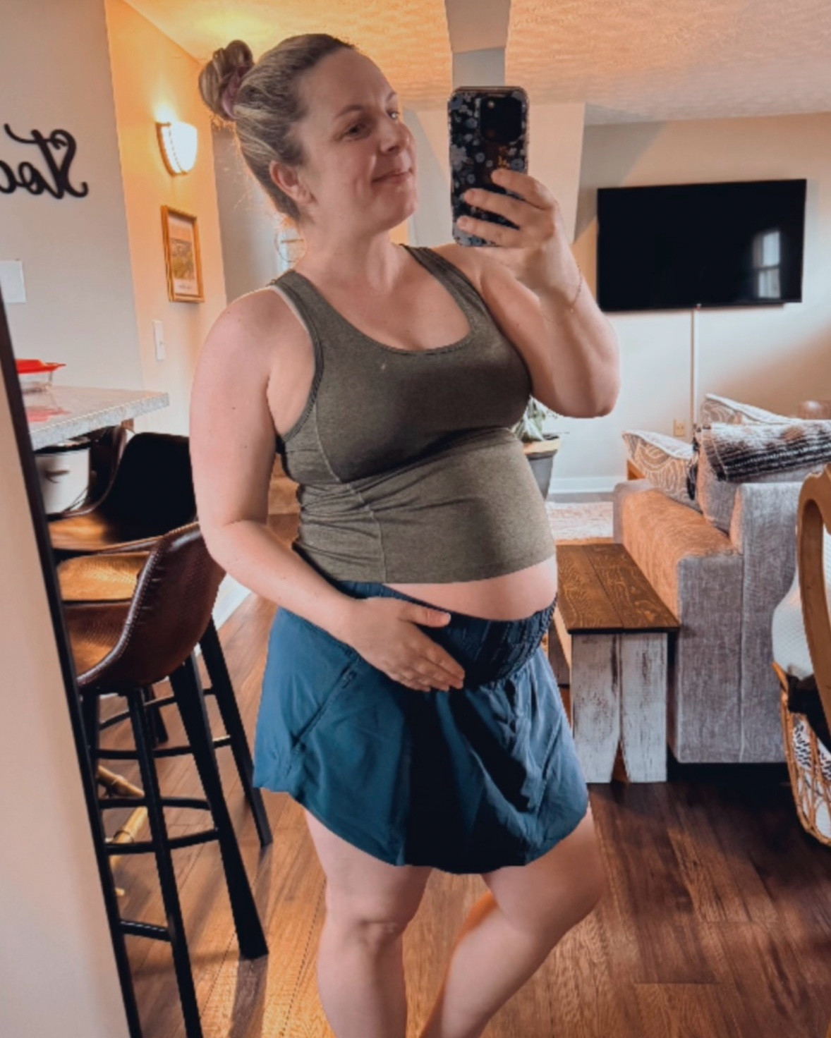 Summer 
Bump pic - 27 weeks! 
Athletic skort 
Workout 
Sized up to an L for the bump. 
I’m short (5’1) so the front looks a little long on me  

#LTKBump