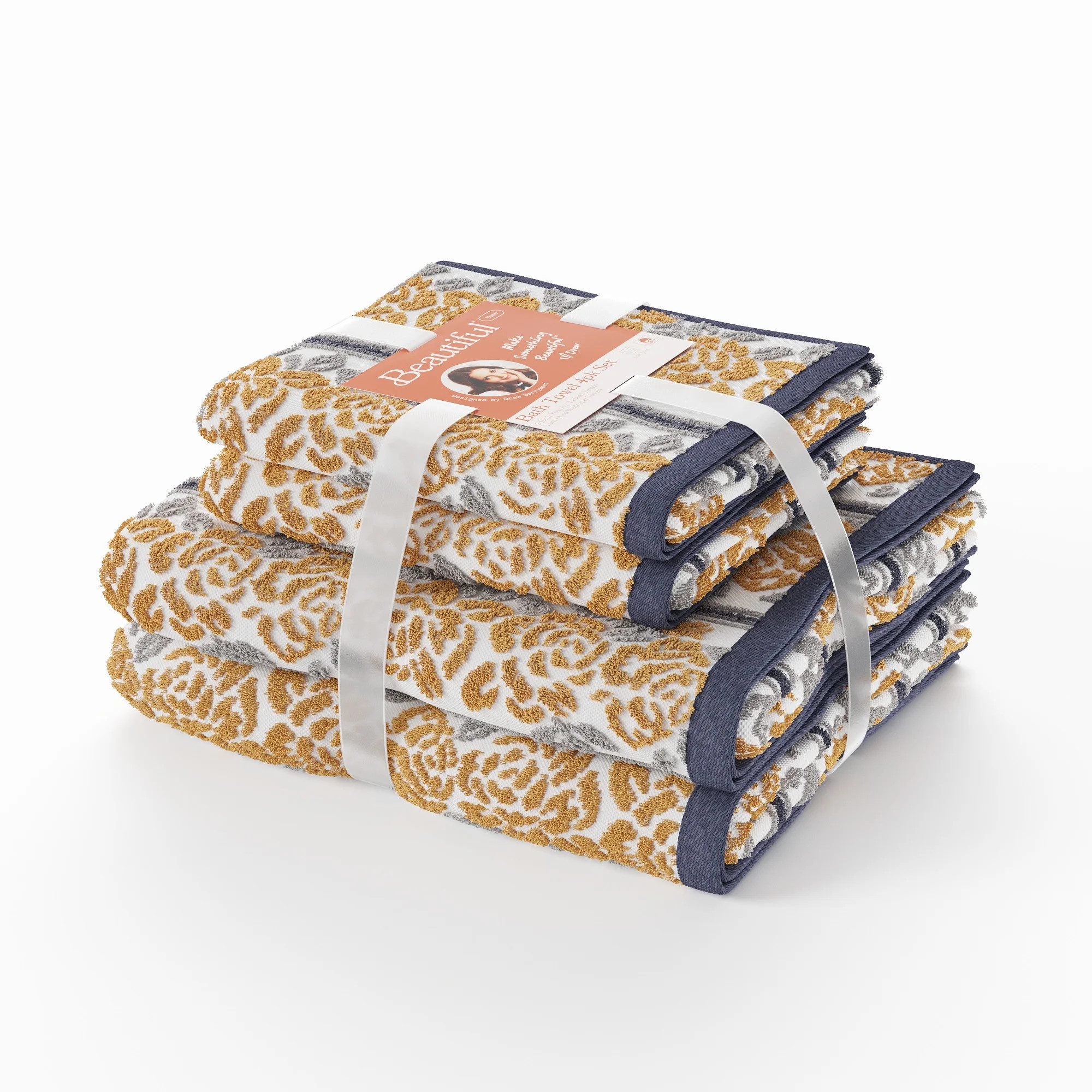 Beautiful by Drew Barrymore 4-Piece Wallpaper Bath Towel Set, Soft 100% Cotton, Amber Yellow - Wa... | Walmart (US)