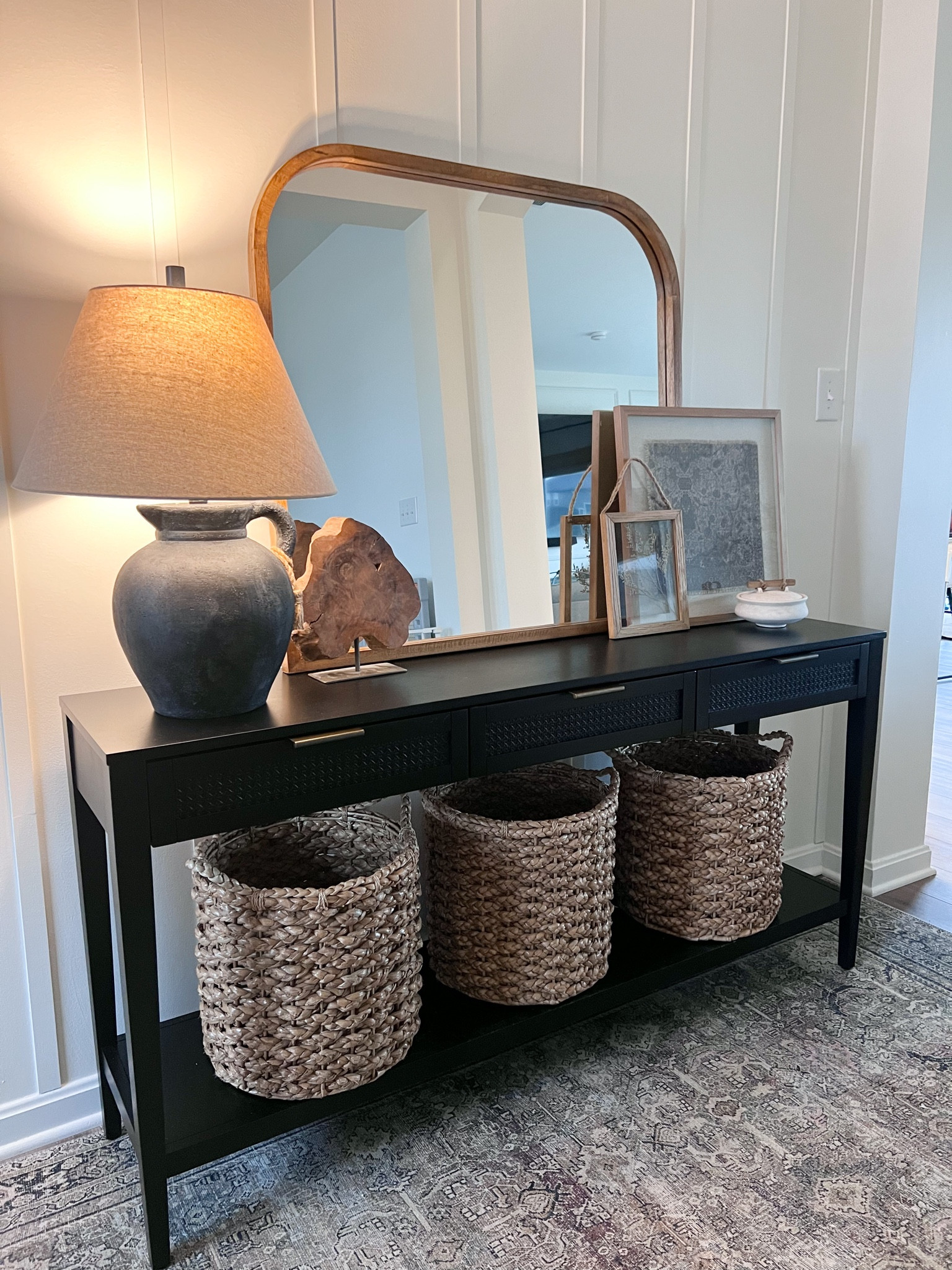 Shop my entryway ✨ 

Loloi rug, target console table, wicker baskets, Kirkland’s lamp, wooden mirror, framed tapestry art, anthropology trinket dish 

#LTKFind #LTKhome