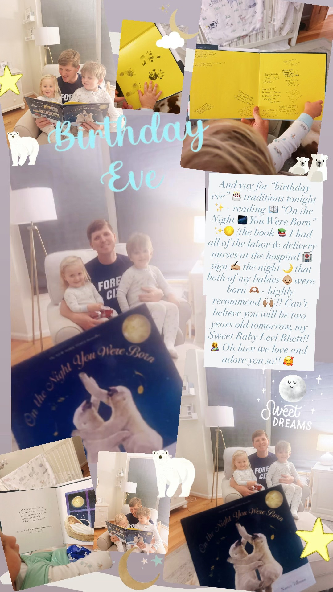 And yay for “birthday eve” 🎂 traditions tonight ✨ - reading 📖 “On the Night 🌌 You Were Born” ✨🌕 (the book 📚 I had all of the labor & delivery nurses at the hospital 🏥 sign ✍🏼 the night 🌙 that both of my babies 👶🏼 were born 🫶🏽 - highly recommend 🙌🏽)!! Can’t believe you will be two years old tomorrow, my Sweet Baby Levi Rhett!! 🤱 Oh how we love and adore you so!! 🥰