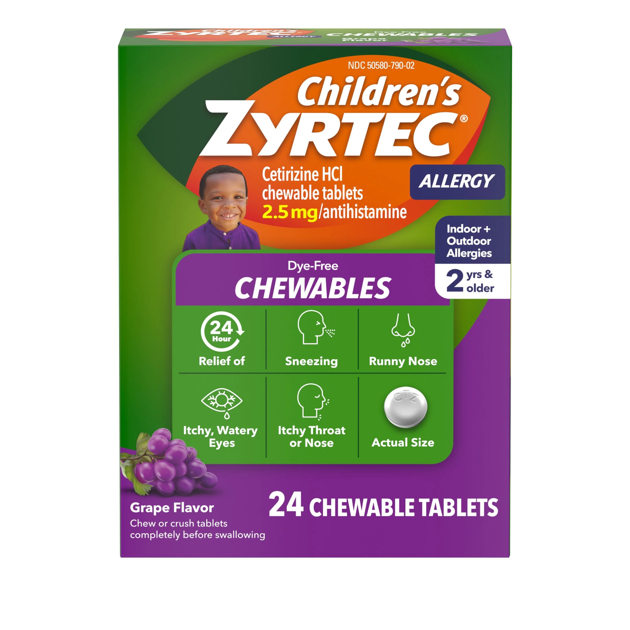 Children's Zyrtec 24 Hr 2.5 mg Allergy Chews for Ages 2+, Grape, 24 Count | Walmart (US)