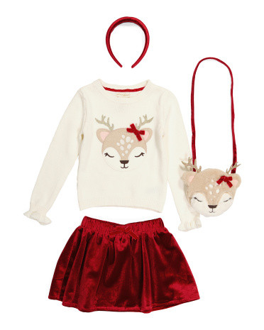 Girls 2pc Reindeer Sweater Velvet Skirt Set With Purse And Headband | TJ Maxx