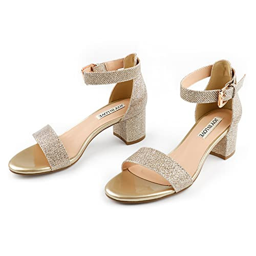 JOY IN LOVE Women's Chunky Low Heels Ankle Strap Open Toe Block Heel Sandals Gold Glitter 6.5US | Amazon (US)