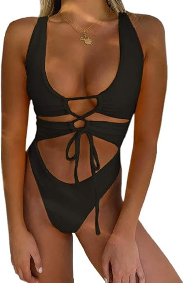 CHYRII Women's Sexy Cutout Lace Up Backless High Cut One Piece Swimsuit Monokini | Amazon (US)