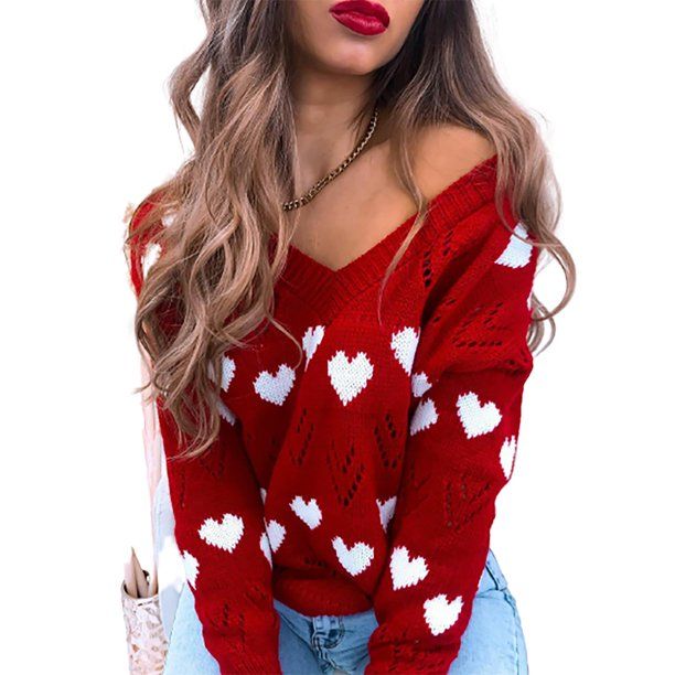 Uerlsty Womens Long Sleeeve Hollow Heart Print Sweater Ladies Round Neck Pullover Tops | Walmart (US)