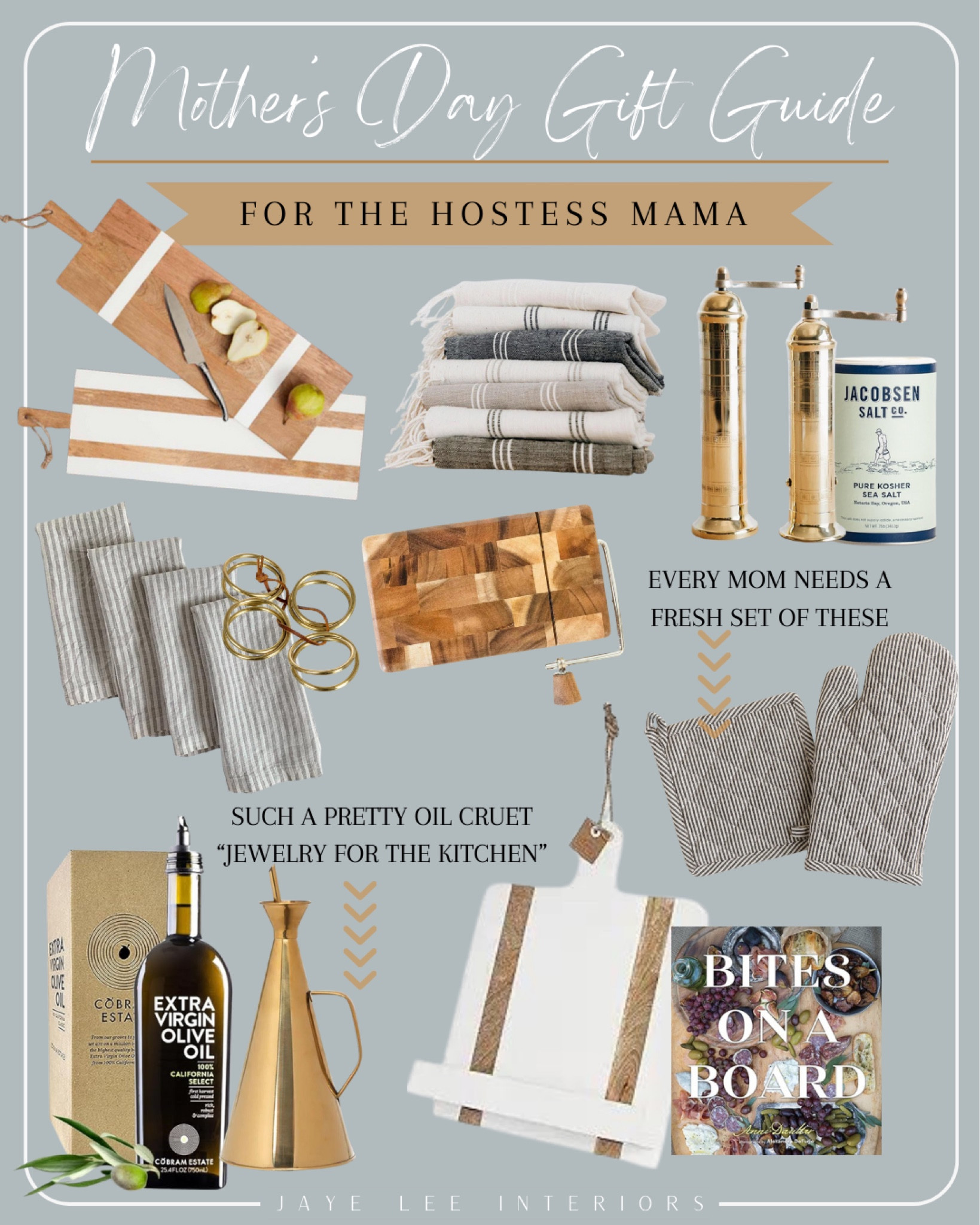Mother’s Day gift guide for the hostess with the mostest!
A small collection of kitchen favorites that marry aesthetics and function: #CharcuterieBoard #KitchenTowels #BrassSaltAndPepper #JacobsenSalt #LinenDinnerNapkins #CheeseSlicer #Charcuterie #OvenMitts #OliveOil #OliveoilCruet #CookbookStand #CharcuterieCookbook #EntertainingIdeas #Hosting #Mother’sDay #Mother’sDayGifts #Mother’sDayGiftGuide #HostessGift #GiftsForHer

#LTKhome #LTKGiftGuide