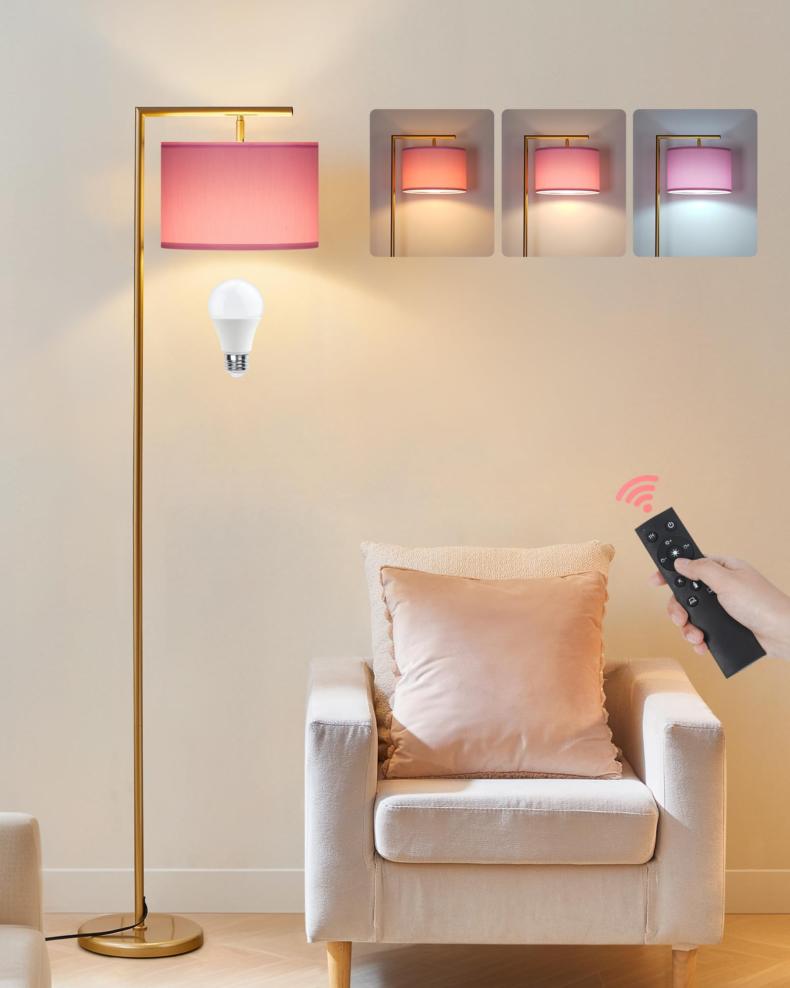 Modern Pink Gold Arc Floor Lamp, Adjustiable Corner Tall Standing Lamp with Remote, Dimmable Read... | Amazon (US)