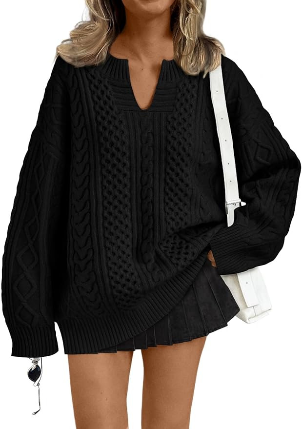 Trendy Queen V Neck Oversized Cable Knit Sweaters for Women Trendy 2025 Fall Fashion Outfits Clot... | Amazon (US)