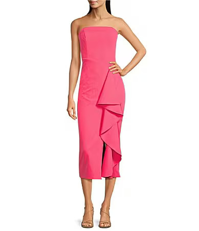Belle by Badgley Mischka Ximena Strapless Ruffle Detail Stretch Crepe Midi Dress - 2 | Dillard's