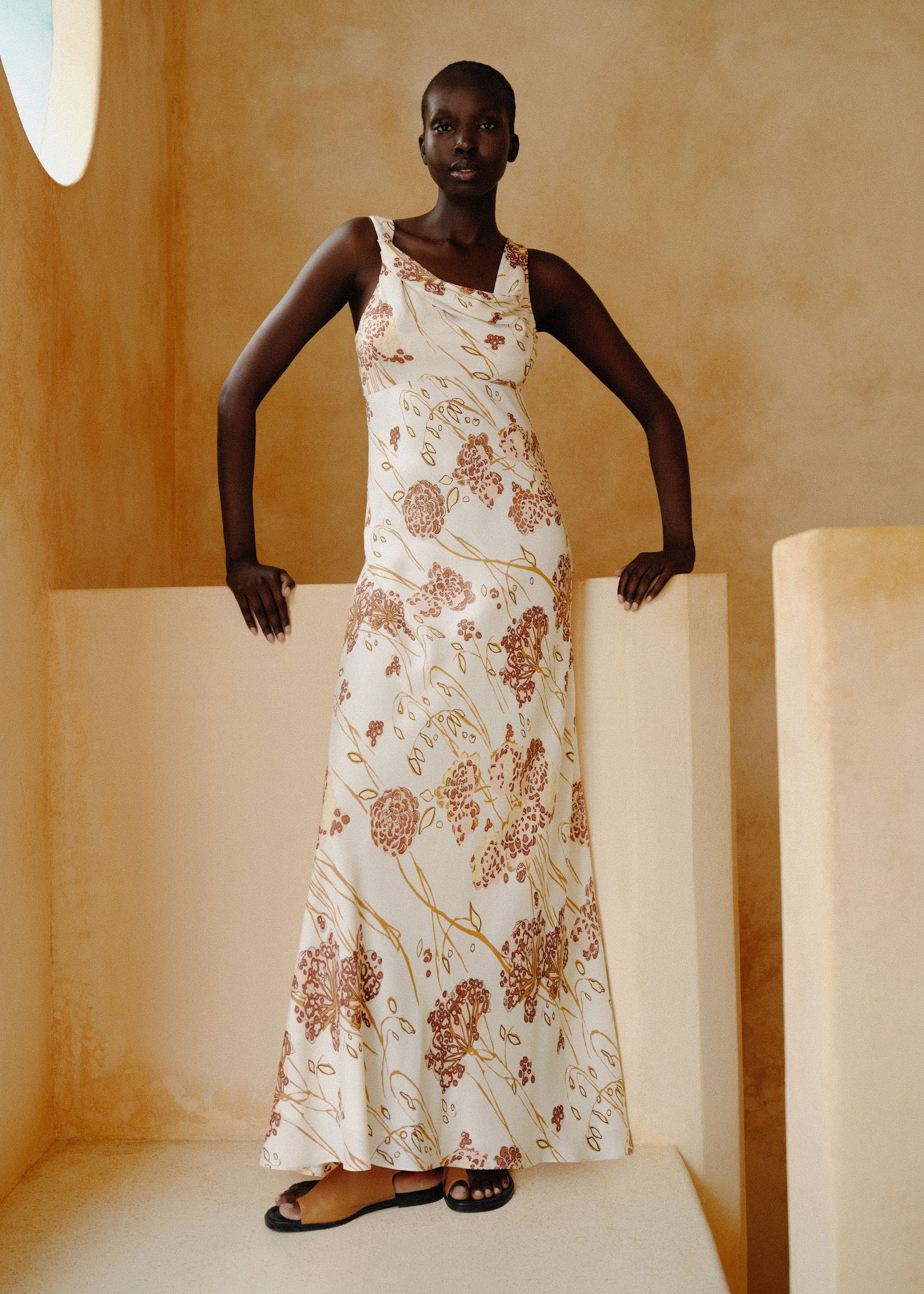 Women's Cream Hydrangea Print Bias Cut Full-Length Dress | ME+EM | ME+EM Global (Excluding US)
