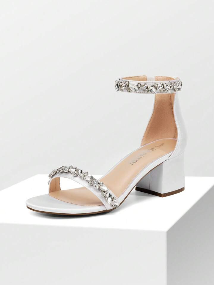Women Chunky Low Heel Pump Sandals Rhinestone Decor Ankle Strap Open Toe Heeled Sandals, For Daily Wearing Prom Party Wedding | SHEIN