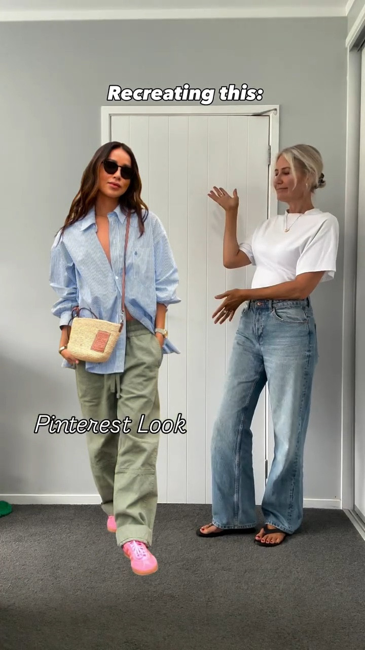 Recreating an outfit I saved on @pinterest

I couldn’t link exact matches but here are some similar options ❤️

Khaki drawstring pants + oversized blue Oxford + pink Adidas + woven crossbody.