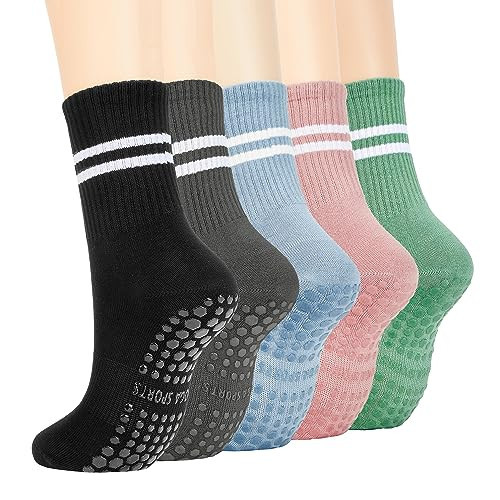 Pilates Socks Grips for Women Yoga Socks Barre Socks Non Slip Socks Grippy Dance Socks Hospital Socks withe Grippers 5 Pairs-Black Dark Grey Light Blue Pink Light Green | Amazon (US)