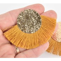 2 Fan Tassel Charms Goldenrod Yellow Fringe With Wave Pattern Gold Circle 2.75"" Wide Chs5524 | Etsy (US)