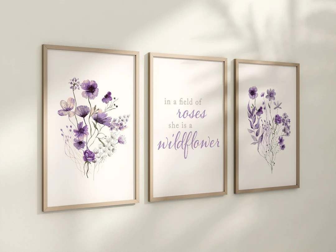 Set of 3 Boho Lavender Wildflowers Floral Art Prints, Leaf Art, Botanical, Bloom Bouquet, Nursery... | Etsy (US)