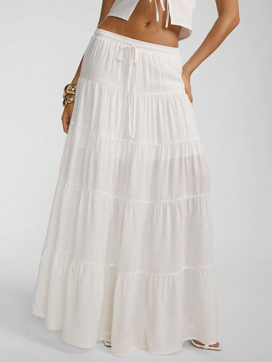 Aloruh Women's New Spring/Summer Solid Beige Long Maxi Skirt, Linen Fabric, Elegant Casual Pleate... | SHEIN