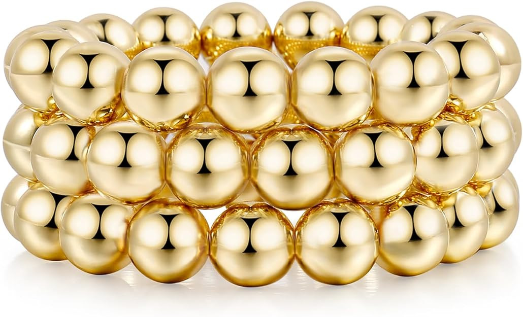Gold Bangles Bracelet for Women Chunky Curved Stacking Plated Bead Ball Stretchable Bracelets | Amazon (US)