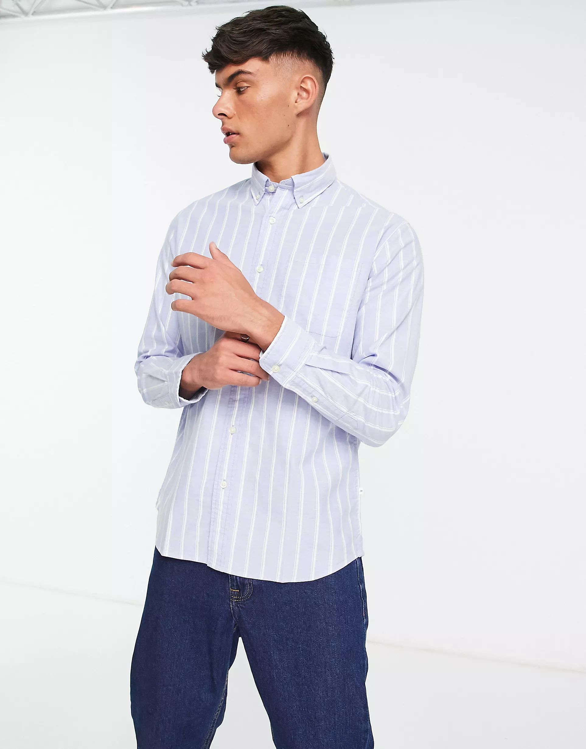 Selected Homme oxford button down collar shirt in light blue stripe | ASOS (Global)